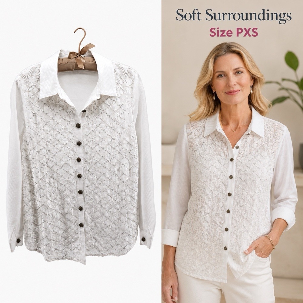 Soft Surroundings Womens PXS White Lace Button-Up Shirt Embellished Sequin